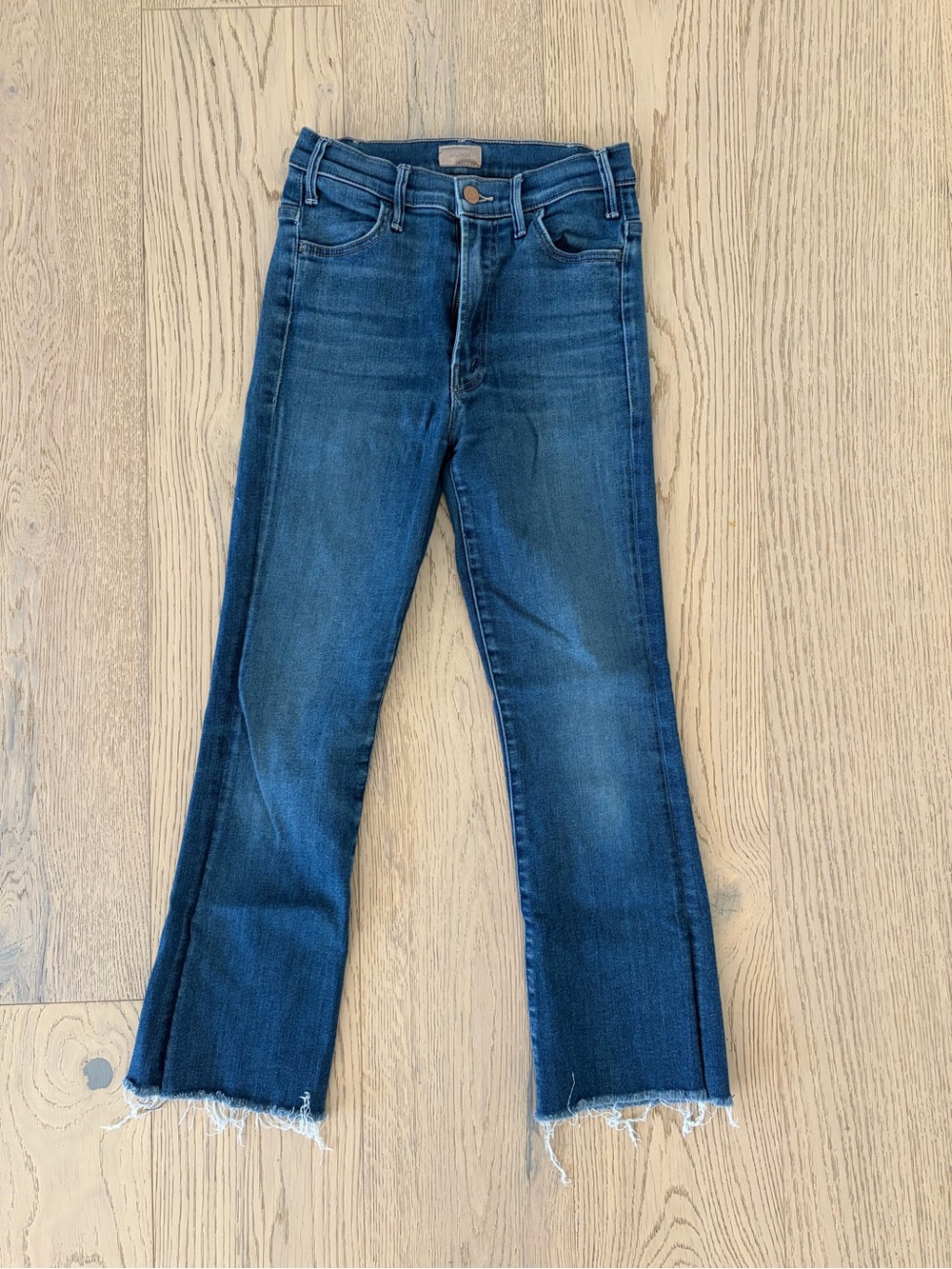 MOTHER Hustler Dark Blue Flare Raw-Hem Jeans